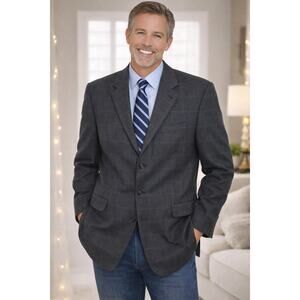 LINEA UOMO Men's 100% Lambswool Plaid Suit Coat 44 XLong Navy Blue Rust Red